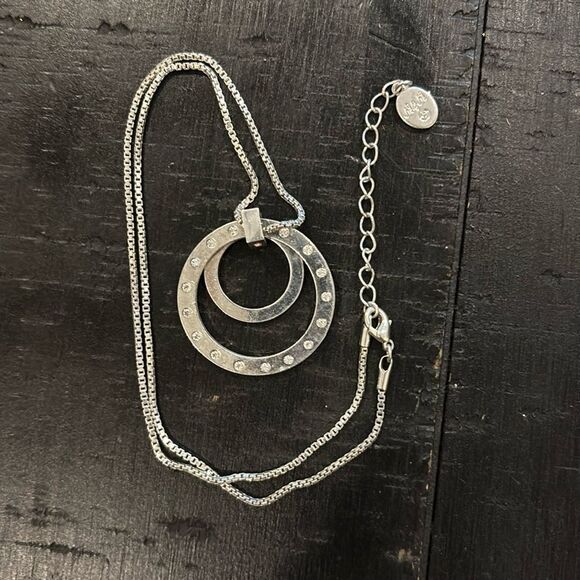 MJM Silver Reticulated Circle Rhinestone Full Moon Necklace Signed​​​​​​​